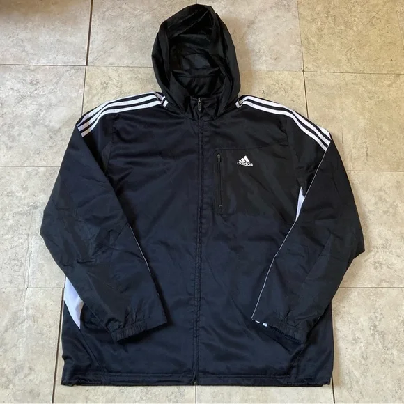 Adidas Full Zip Black/White Stripes Windbreaker Hood - Picture 1 of 9